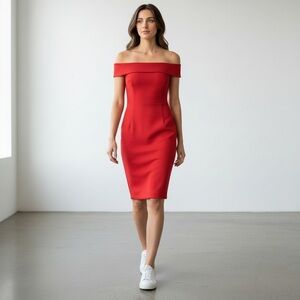 Calvin Klein Women's Seamed Off The Shoulder Dress, red, 4